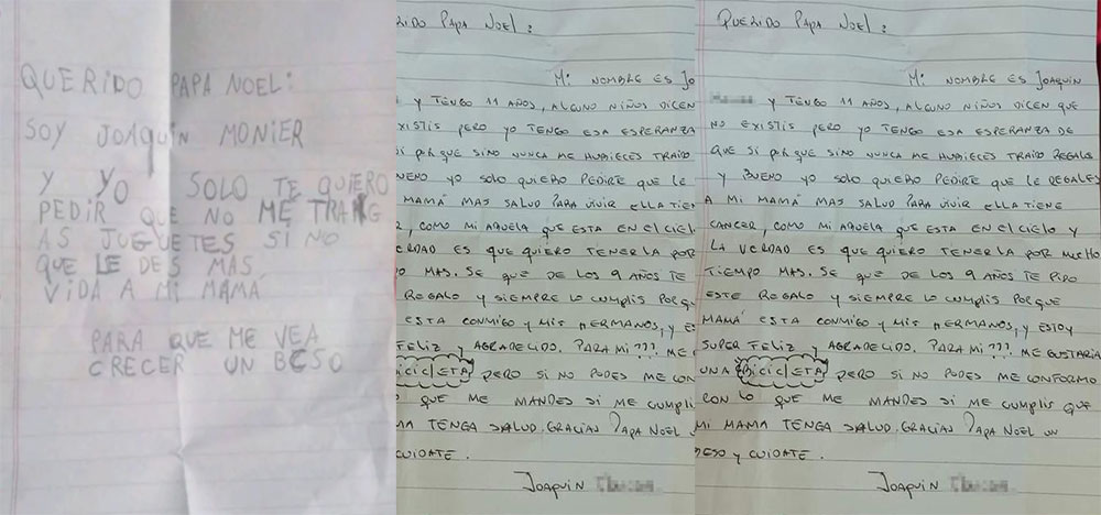 La carta de Santa Claus de un niño que pide salud para sus padres