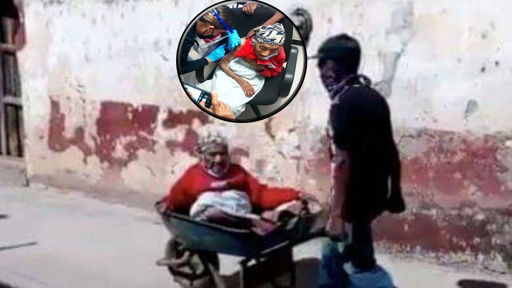 Abuelita de 100 años es llevada en carreta para ser vacuna contra el Covid-19