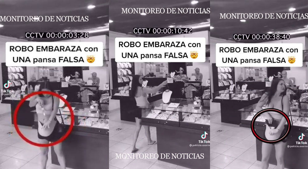 Mujer se hace pasar por embarazada con estómago falso para robar joyas (Video)