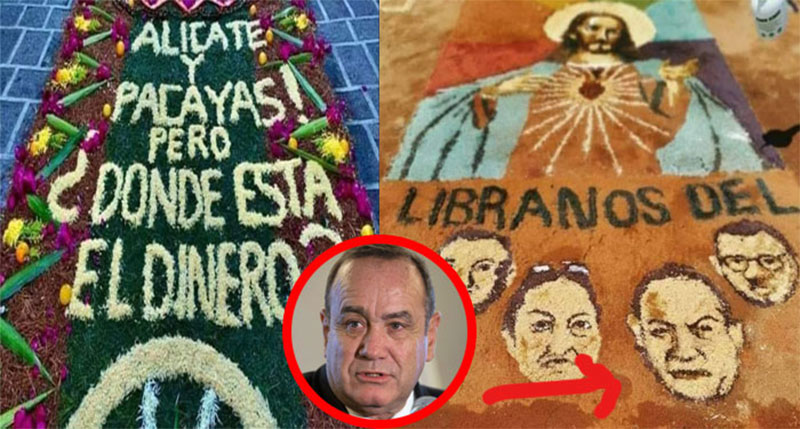 Hacen alfombras con escritos de indirectas para Alejandro Giammattei ¿Dónde está el dinero?