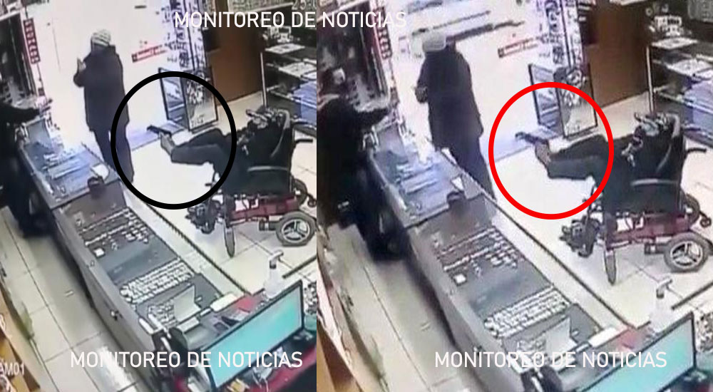 Hombre en silla de ruedas y sin manos ataca a dueño de una tienda con arma en los pies (Video)
