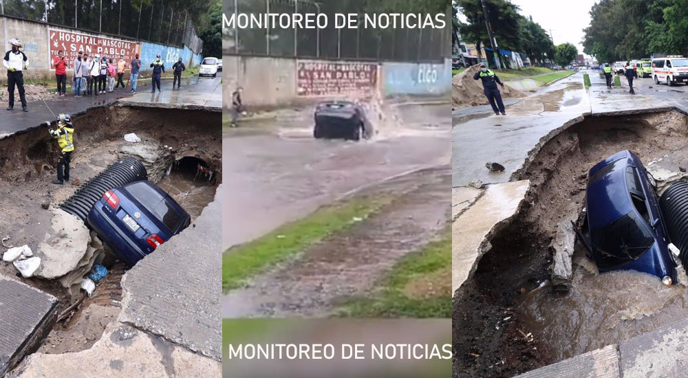 Momento exacto en que vehículo cae en hundimiento de la zona 7 de Mixco (Video)