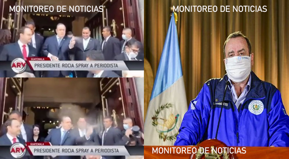 Gimmattei le rocía aerosol a un grupo de periodistas para desinfectarlos (Video)