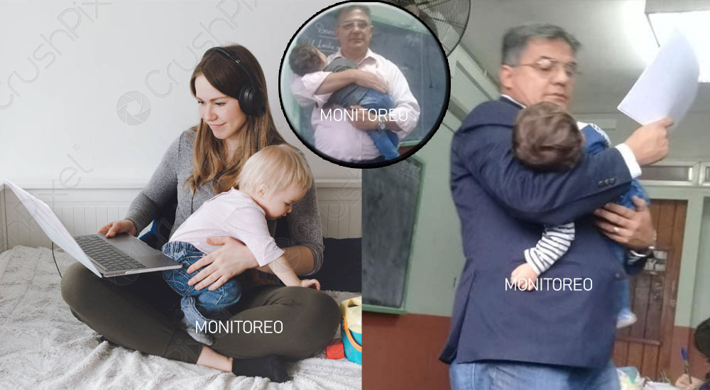 Profesor sostiene al hijo de una joven estudiante para que pueda recibir clases