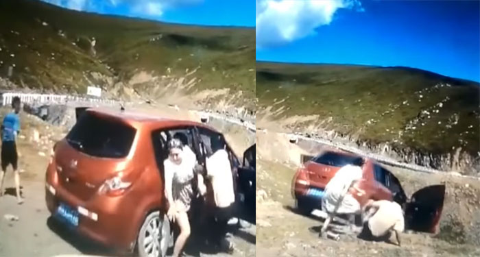 Momento exacto en el que familia intenta huir de auto que cae a barranco (Video)