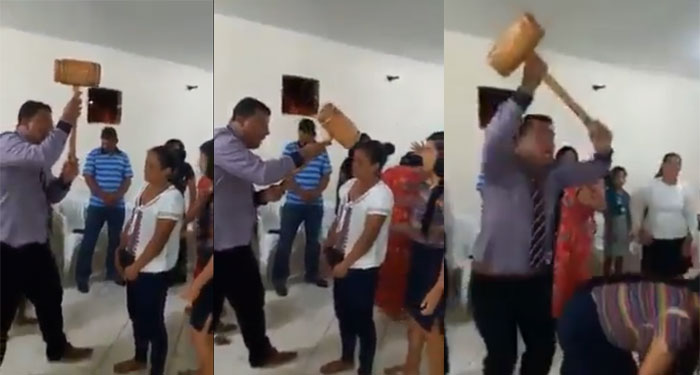 Momento exacto cuando Pastor Evangélico saca demonios a una mujer con un mazo (Video)