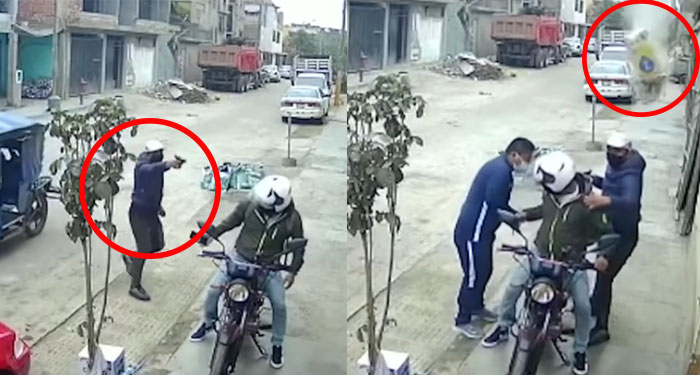 Albañiles le lanzan una bolsa de cemento a dos ladrones para evitar asalto (Video)