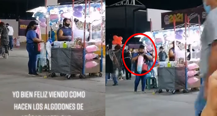 Captan a vendedor de algodones de azúcar quitándose la mascarilla para inflar las bolsas (Video)