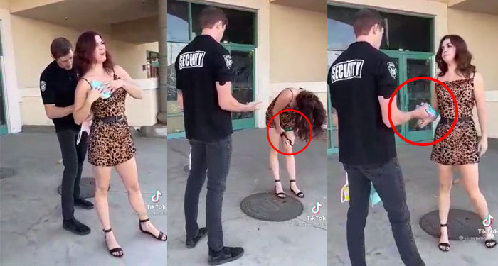 Mujer es sorprendida robando varias prendas de ropa interior en un negocio (Video)