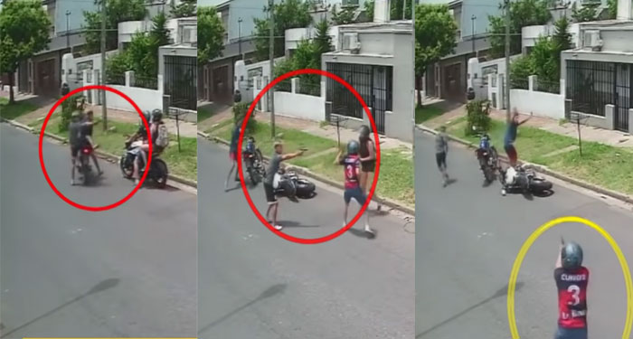 Momento en que Policía le disparó a dos ladrones que intentaron quitarle la motocicleta (Video)