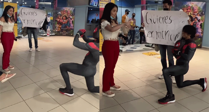 Se disfraza de Spider-Man para pedirle que sea su novia y ella lo rechazó (Video)