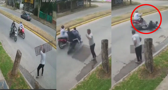 Hombre lanza reja metálica para detener a ladrones (Video)