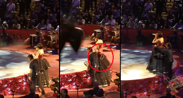 Se le cae la falda a la cantante Angela Aguilar en pleno concierto y deja ver de más (Video)