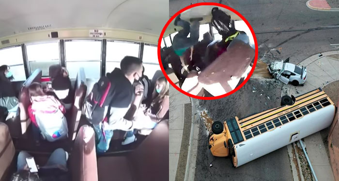 Momento en que vehículo impacta con bus escolar y niños salen volando (Video)
