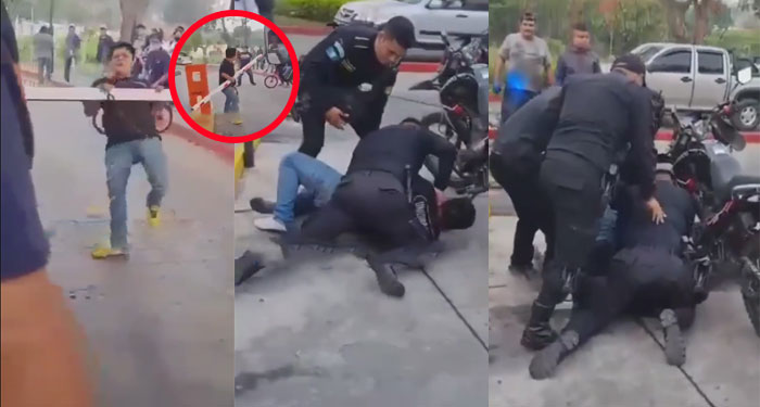 Persona en estado de ebriedad rompe la talanquera de un parqueo y casi le prende fuego (Video)