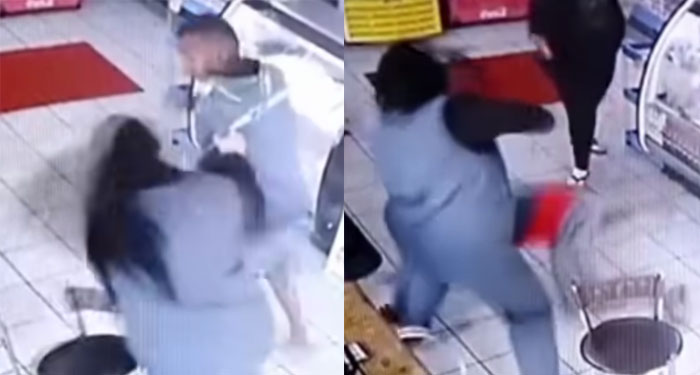 Mujer golpea brutalmente a un hombre que le tocó sus partes en una gasolinera (Video)