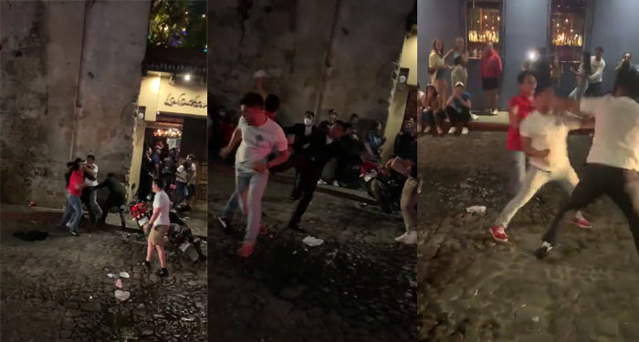 Momento exacto de fuerte pelea en las afueras de un bar en Antigua Guatemala (Video)