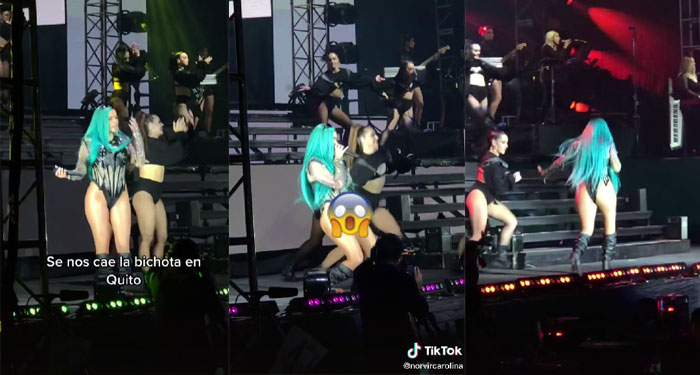 Karol G se cae en pleno concierto y enseña de más al público (Video)