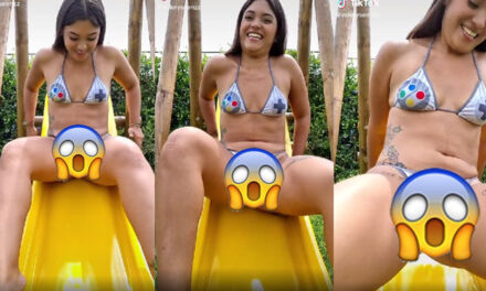 Momento en que Tiktoker enseña de más al subirse a un resbaladero (Video)