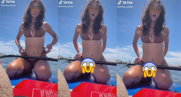 Se le rompe la cinta de su ropa interior en la playa y enseña de más (Video)