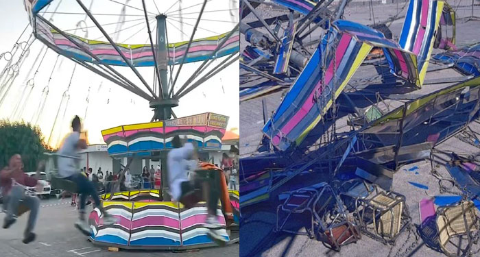 Momento exacto en que juego mecánico se desploma y varias personas salen volando (Video)