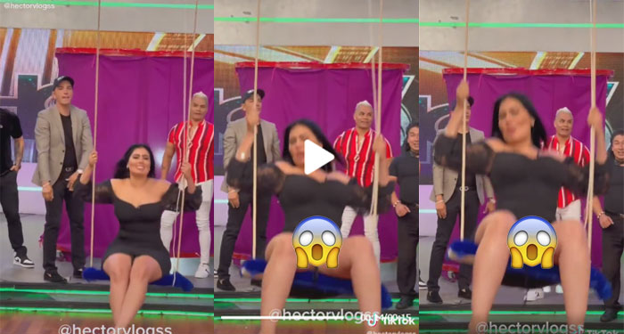 Momento en que Conductora de TV enseña de más al subirse en un columpio (Video)