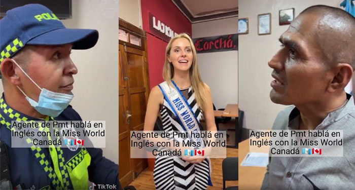 Agente de PMT traduce en Inglés a Miss World Canadá en San Pedro Carcha (Video)