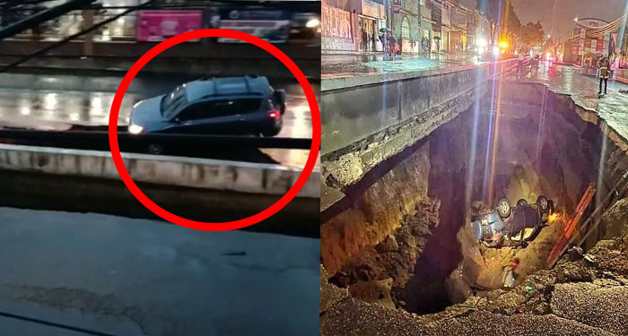 Momento exacto en que vehículo cayó al fondo del agujeros de Villa Nueva (Video)
