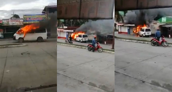 ¡IZABAL! Momento en que conductor se lanza de microbús en llamas (Video)