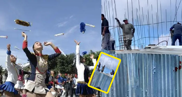 Momento en que albañil baila en medio de la obra al ver a las batonistas que desfilaban (Video)