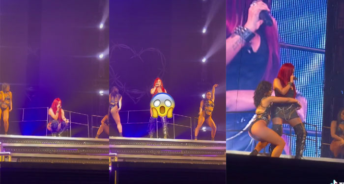 Momento en que A Karol G se le cae la falda en pleno concierto y se le ve de más (Video)