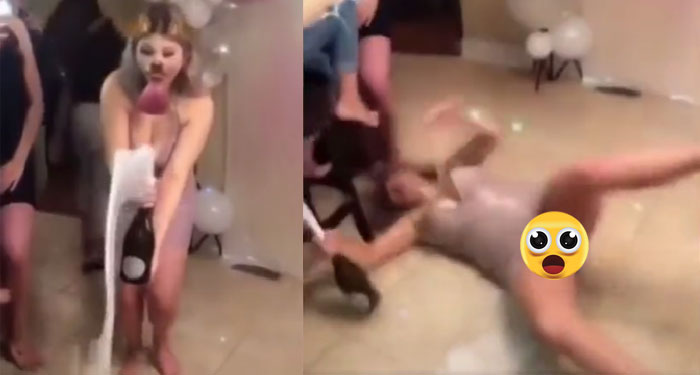 Momento en que mujer se cae el día de su cumpleaños y enseña de más (Video)