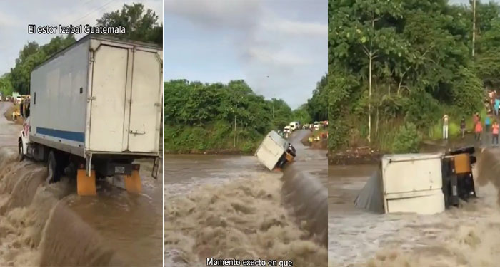 IZABAL: Momento en que camión es arrastrado por la corriente de un río (Video)