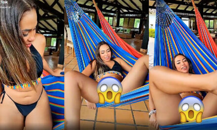 Momento en que mujer enseña de más al subirse en una hamaca (Video)