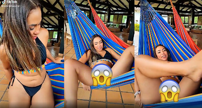 Momento en que mujer enseña de más al subirse en una hamaca (Video)
