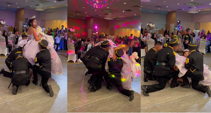 Momento exacto en que chambelanes dejan caer a quinceañera en varias ocasiones (Video)