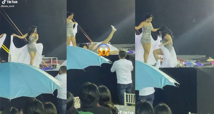 Momento en que modelo se cae en la pasarela y enseña de más (Video)