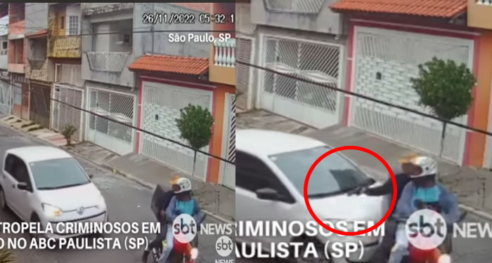 Motoladrones sacar el arma para disparar y conductor los aplasta con su vehículo (Video)