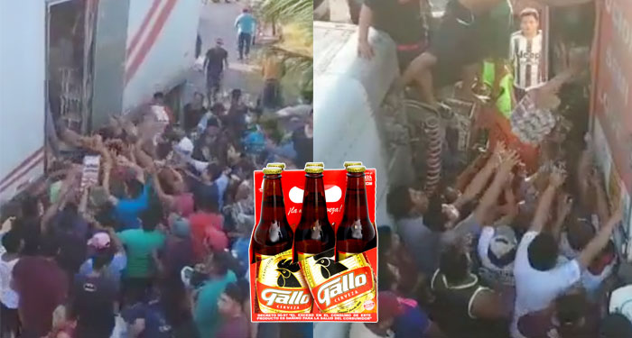 Tráiler cargado con cerveza vuelca y pobladores aprovechan para robar (VIDEO)