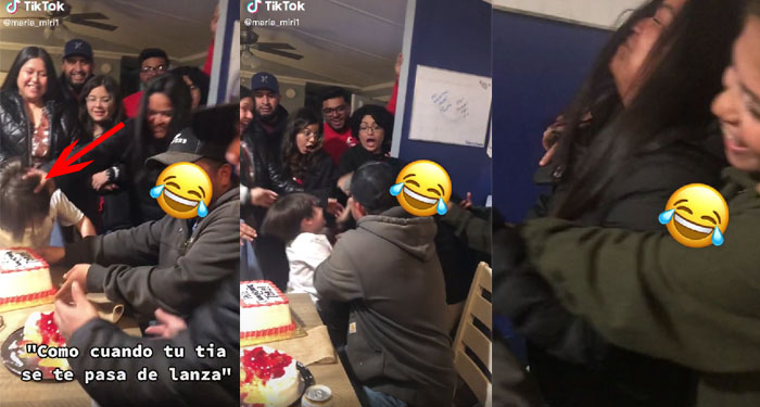 Momento en que Niño golpea a su tía por empujarlo al pastel (Video)