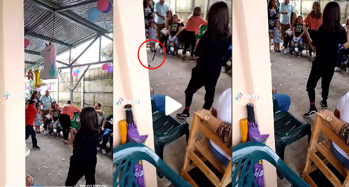 Niño falla al darle a la piñata y termina quebrando el palo a una mujer en la espada (Video)
