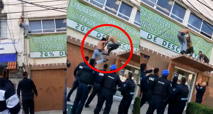 Momento en que ladrón cae del techo de un edificio por escapar de Policía (Video)