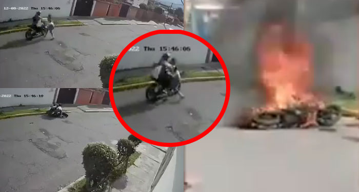 Mujer derriba a motoladrón con su bolsa y del golpe la moto arde en llamas (Video)