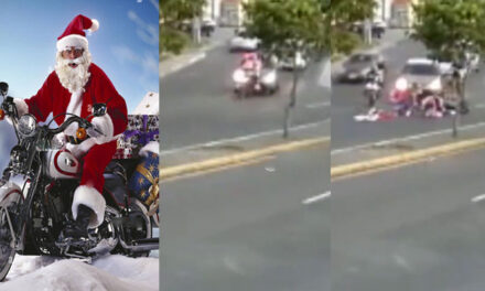 Momento en que vehículo arrolla a Santa Claus quién se conducía en una moto (Video)