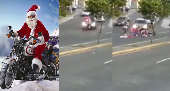Momento en que vehículo arrolla a Santa Claus quién se conducía en una moto (Video)