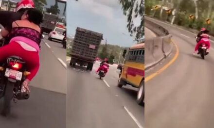 Pareja a punto de salir volando de la motocicleta por ir en estado de ebriedad (Video)