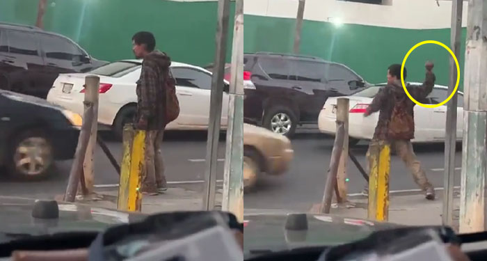 Momento en que hombre con problemas mentales lanza piedras a vehículos en la zona 10 (Video)