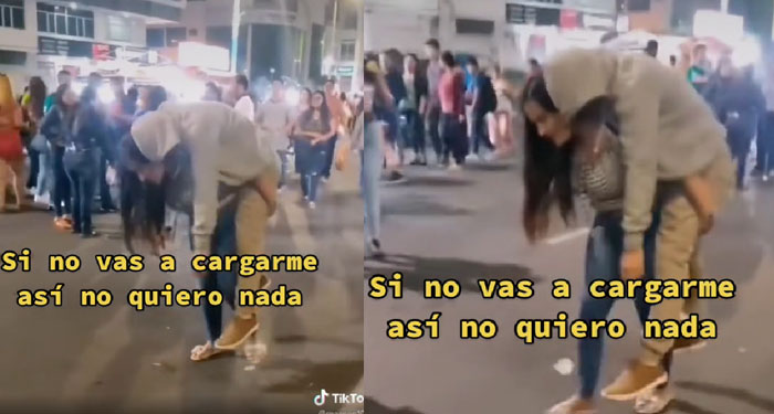 Mujer carga a su novio en estado de ebriedad para llevarlo a casa y se vuelve viral (Video)