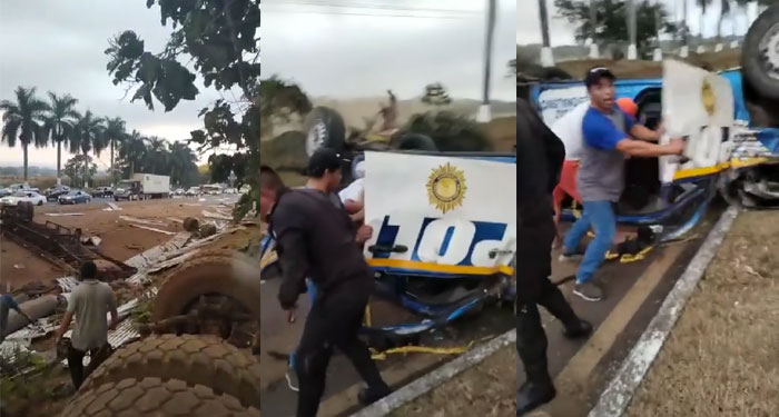 Aparatoso accidente en Escuintla donde un cabezal y patrulla involucrados (Video)