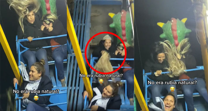 Momento en que mujer pierde su peluca en un juego mecánico (Video)